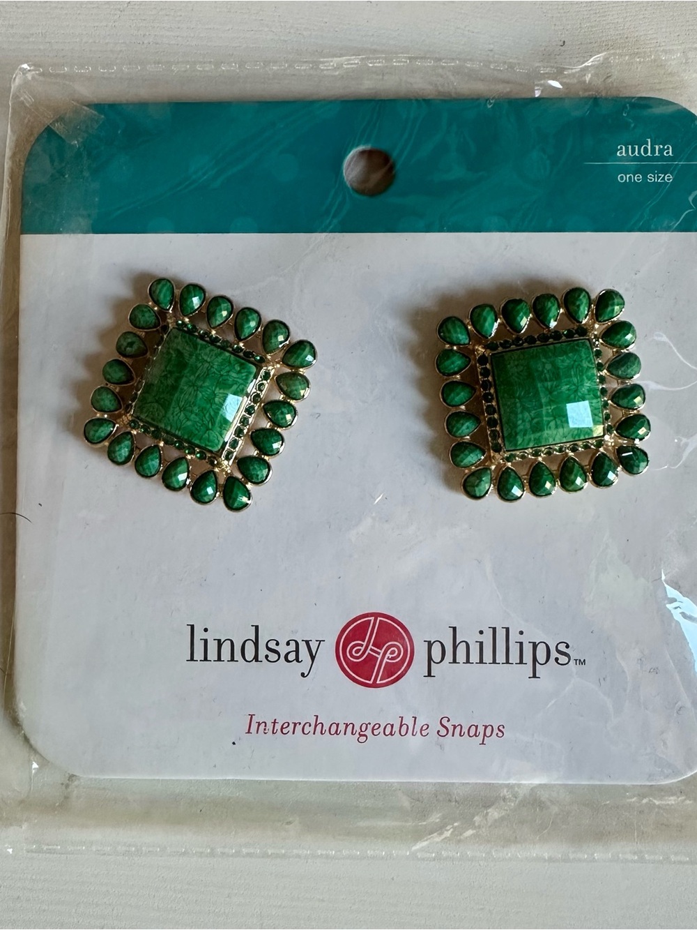 NWT lindsay phillips Green Square Gem Interchangeable Snap Shoe Brooches